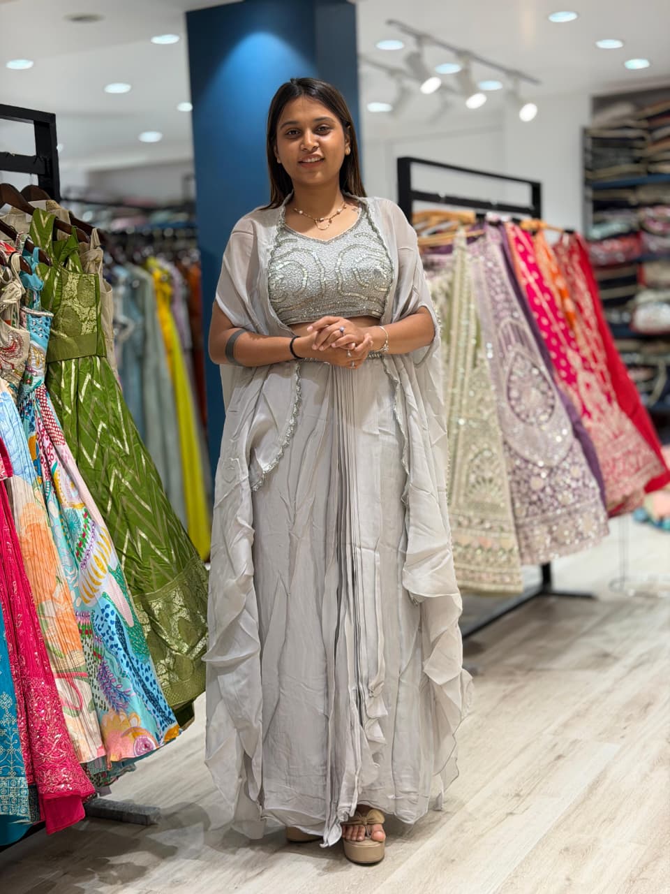 SHAGUN FASHION Grey Indo-Western Shrug Set with Heavy Work Blouse & Pleated Skirt