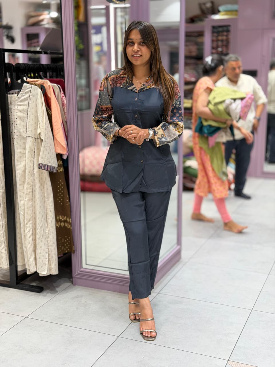 SHAGUN FASHION Premium Co-Ord Set – Super Soft Silk Grey Cord Set with Designer Printed Sleeves & Collar