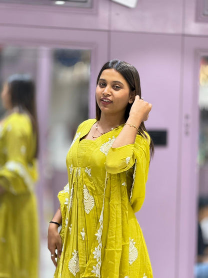 SHAGUN FASHION Festive Yellow-Green Georgette Anarkali Kurti Set with White Embroidery