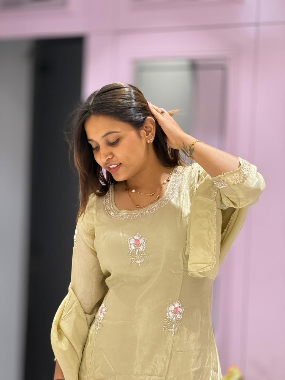 SHAGUN FASHION Premium Silk Chanderi Kurta Set with Handwork Booti & Matching Dupatta