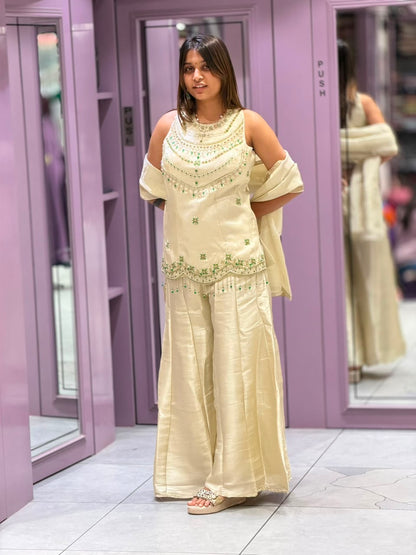 SHAGUN FASHION Premium Off-White Sharara Set with Emerald Green Handwork