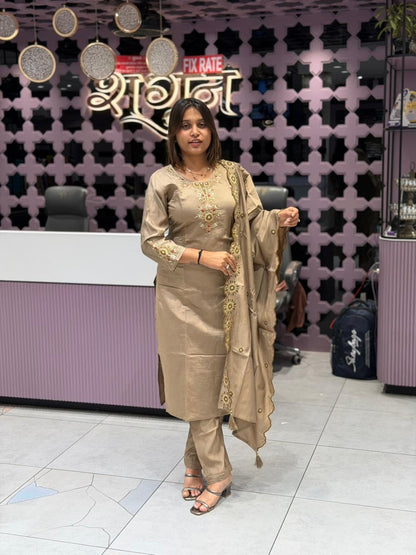 SHAGUN FASHION Premium Silk Straight Kurti Set with Beautiful Embroidery and Scalloped Dupatta