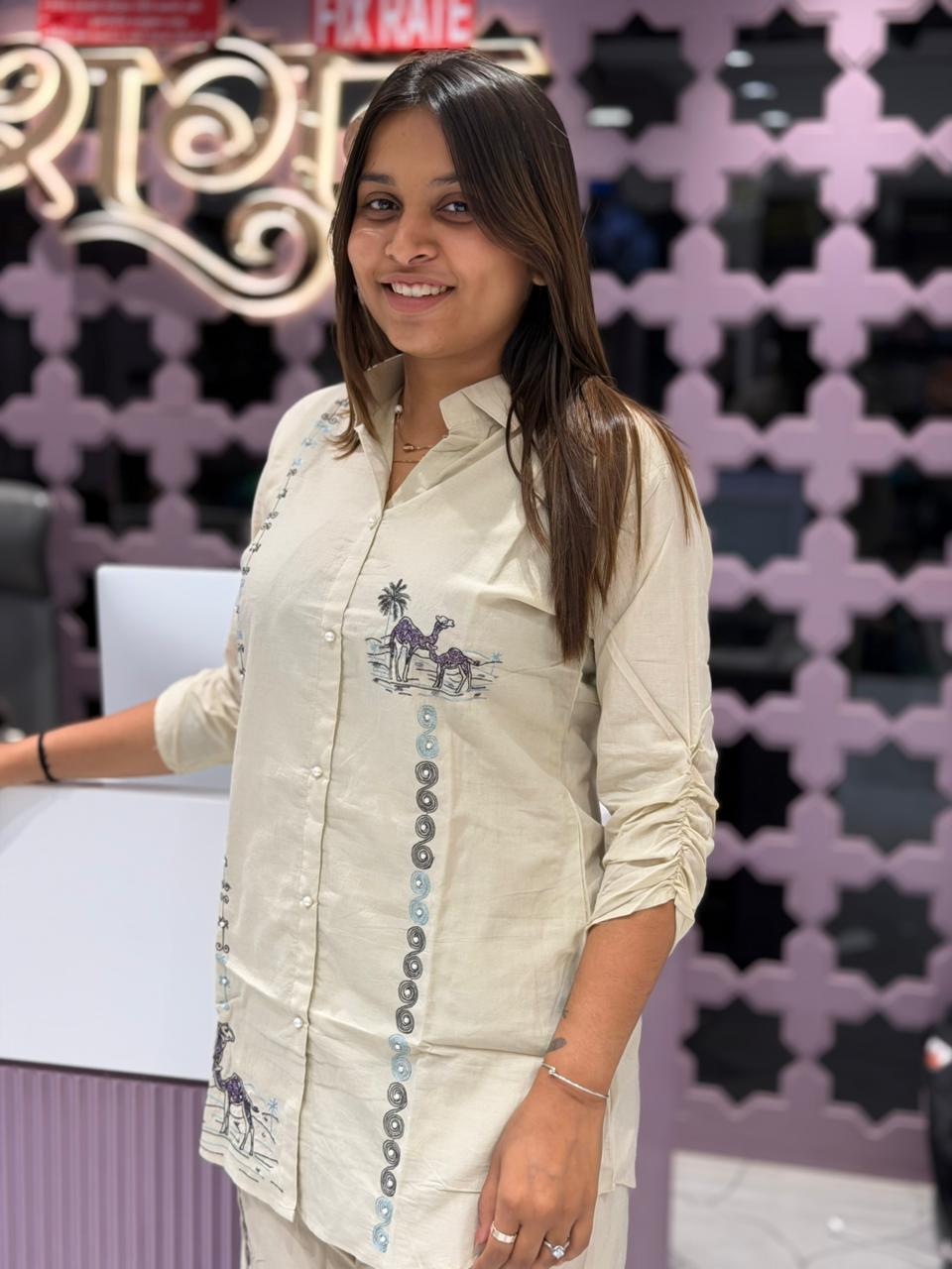 SHAGUN FASHION Premium Cream Camel-Print Co-Ord Set