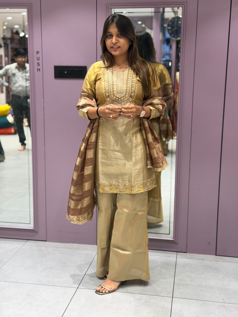 SHAGUN FASHION Premium Golden Silk Embroidery Kurta Set with Palazzo and Dupatta