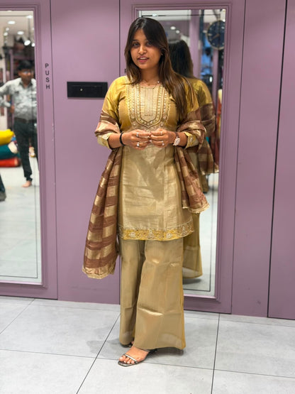 SHAGUN FASHION Premium Golden Silk Embroidery Kurta Set with Palazzo and Dupatta