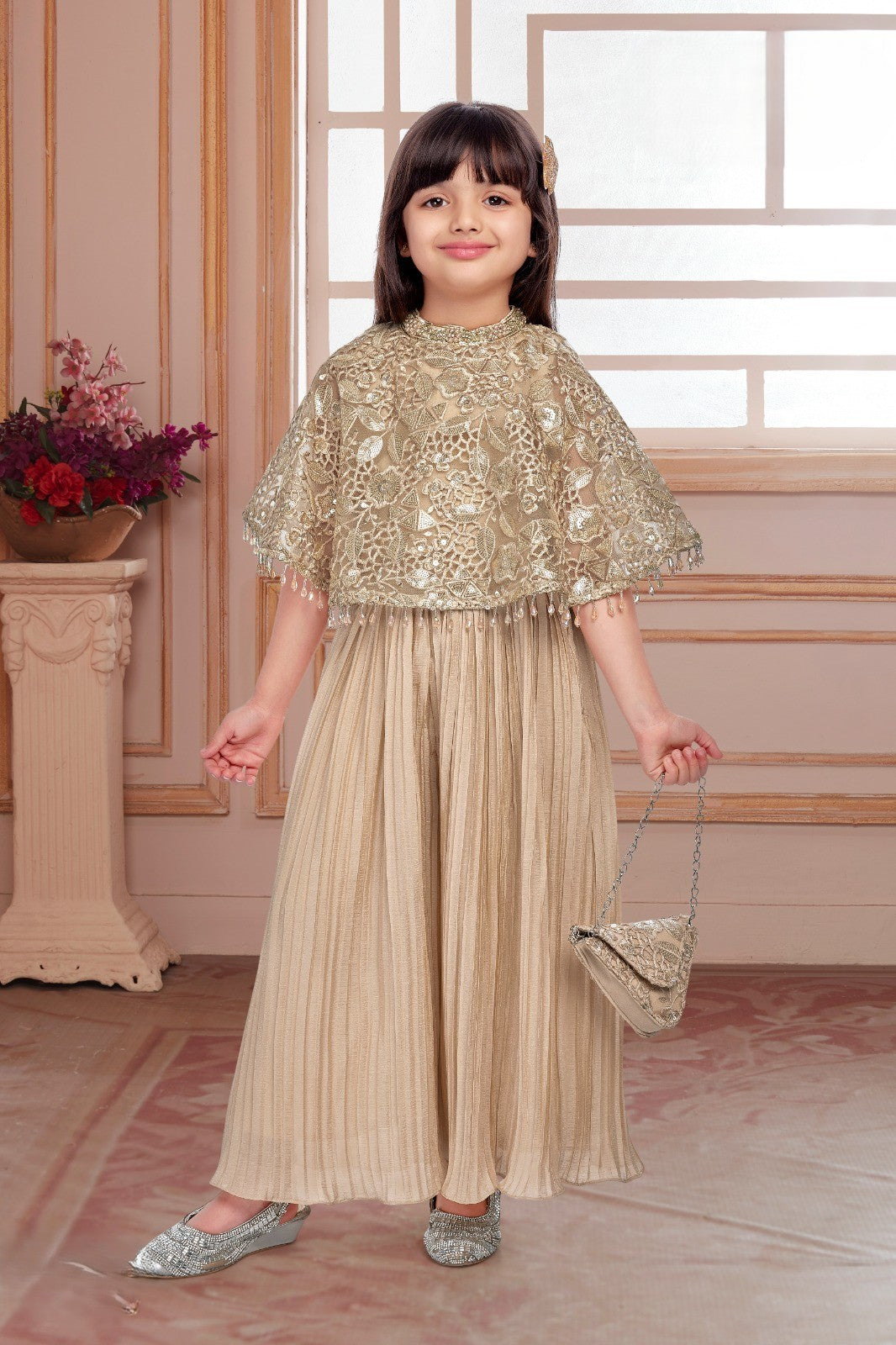 SHAGUN FASHION Girls Golden Pleated Palazzo Suit with Heavy Net Embroidery Poncho Cape
