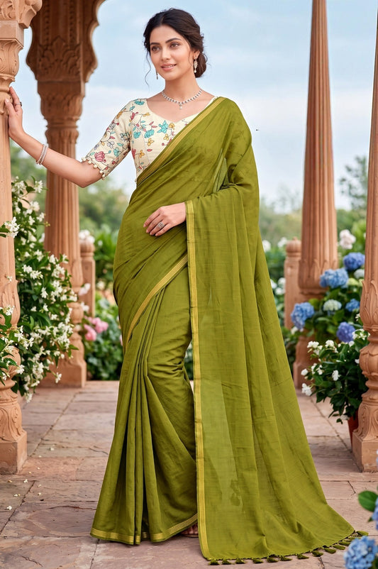SHAGUN FASHION Premium Pure Cotton Saree With Designer Floral Blouse