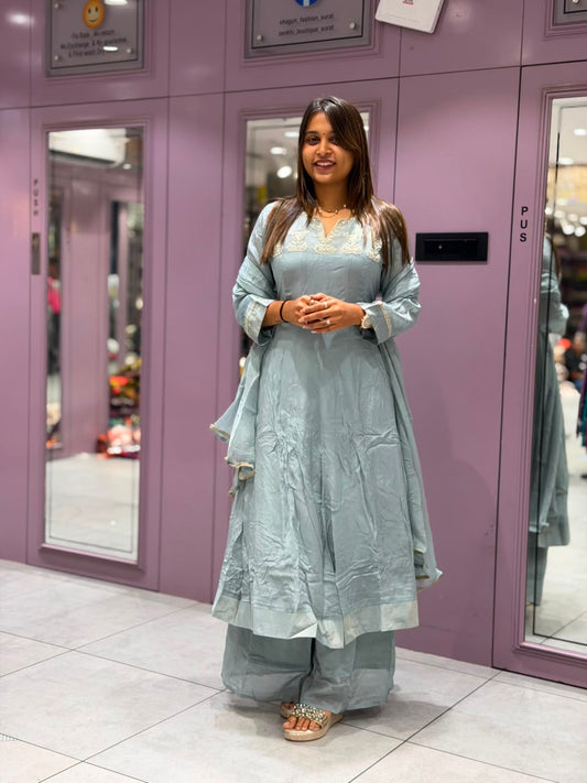 SHAGUN FASHION Premium Pastel Blue Silk Kurta, Palazzo, and Dupatta Set