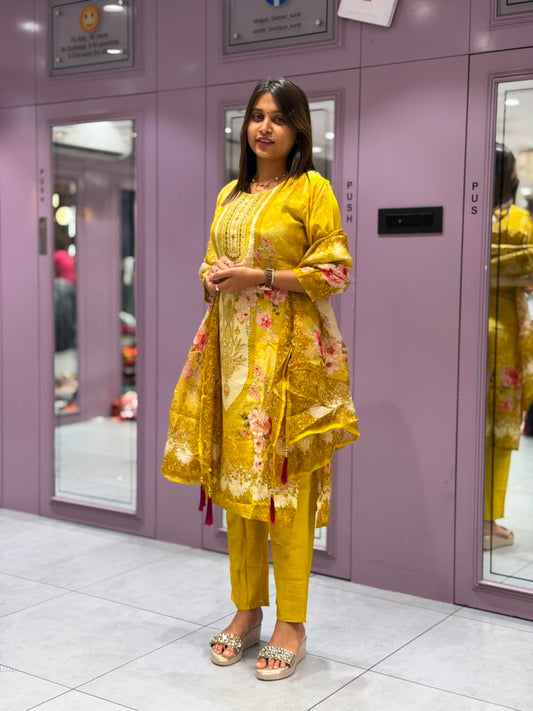 SHAGUN FASHION Premium Mustard Yellow Kurta Set with Digital Floral Dupatta