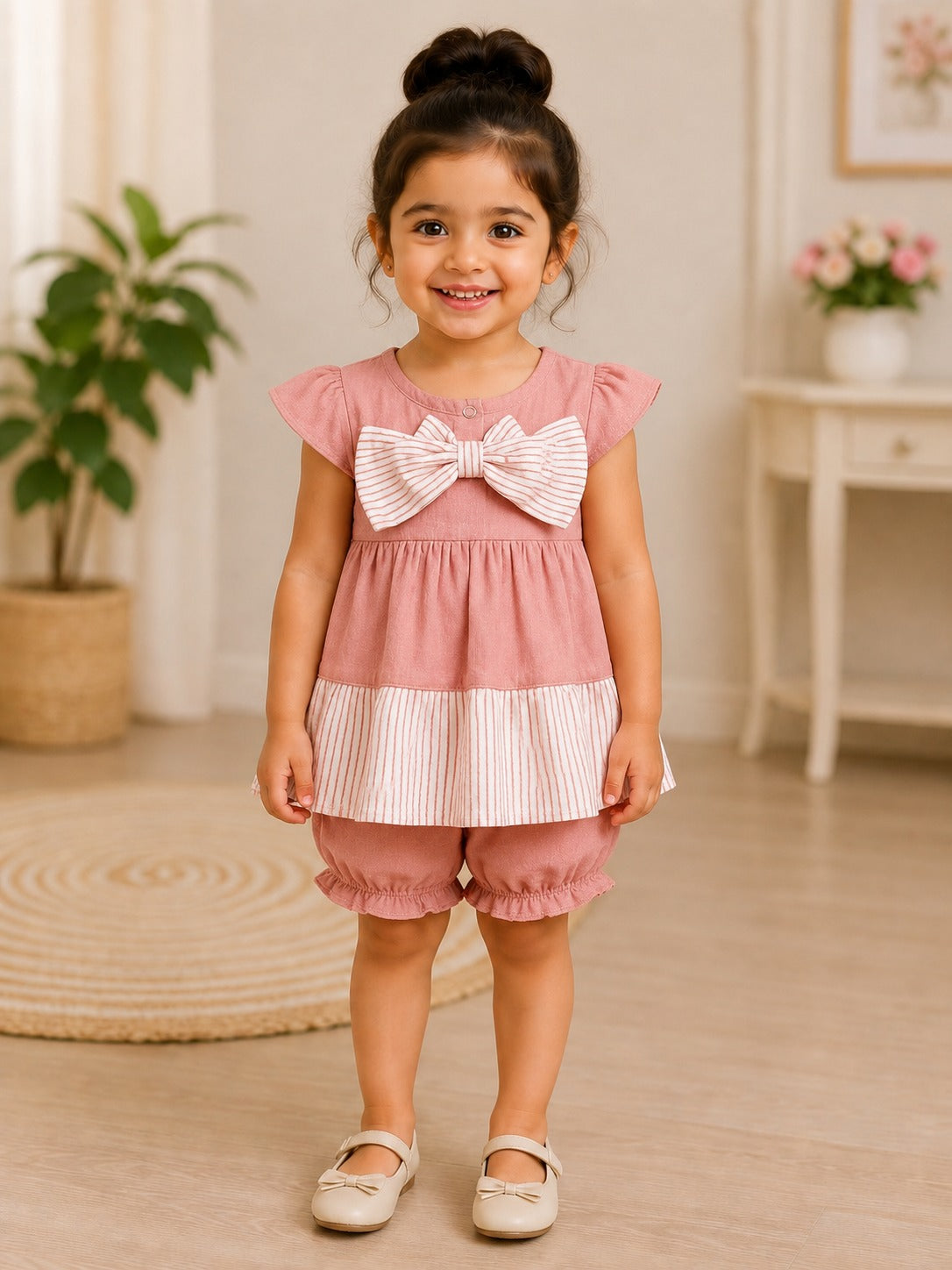 SHAGUN FASHION Cute Kids Frock and Shorts Set with Big Bow