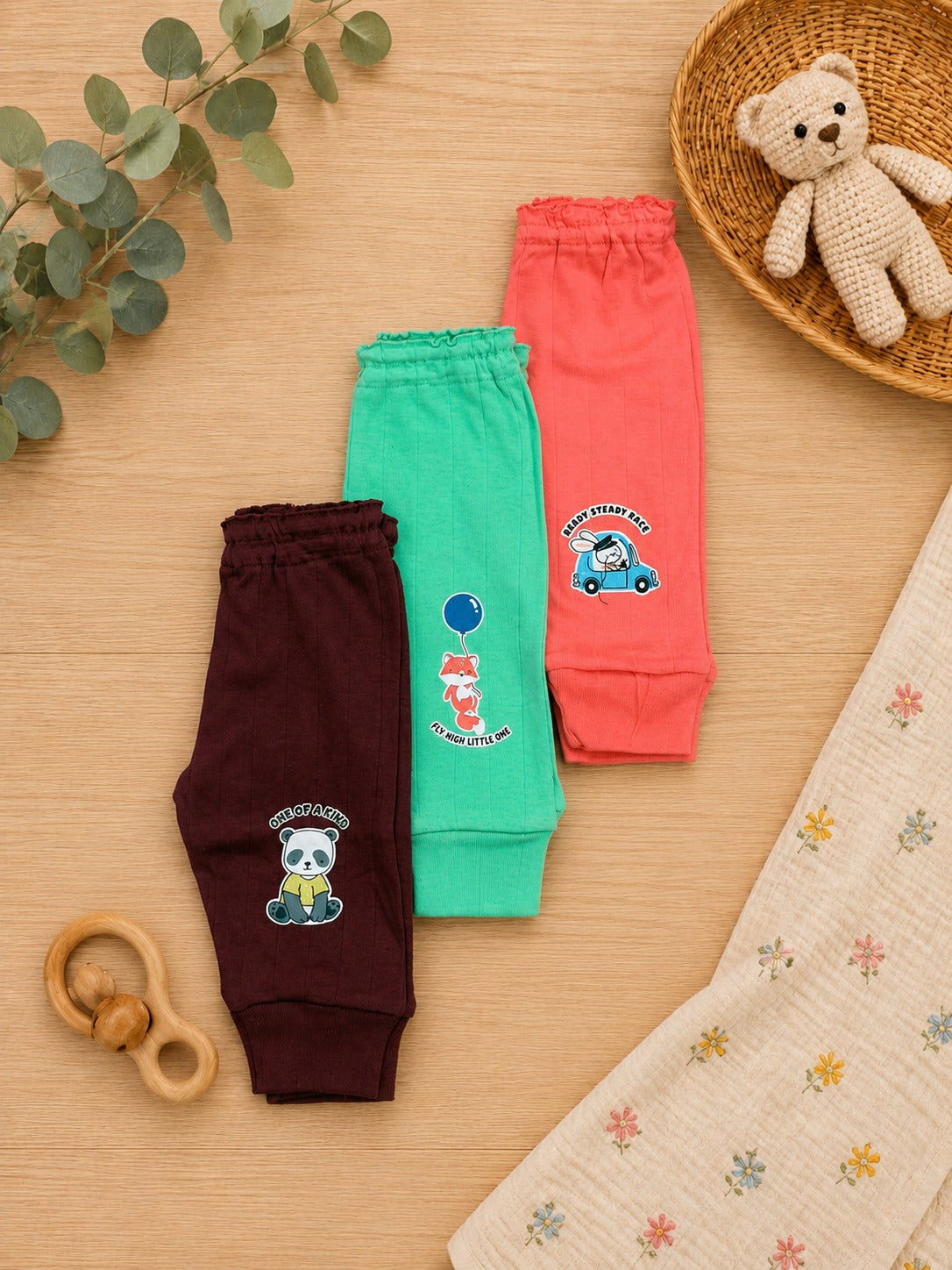 Super Cute & Soft Cotton Pajamas for Babies (Pack of 3) – Multi-Color Knit Track Pants with Cartoon Prints