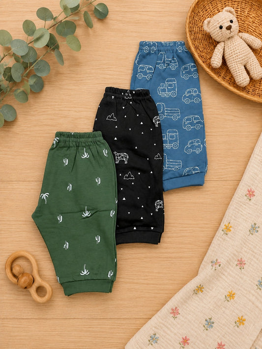 SHAGUN FASHION Super Soft Cotton Baby Pajamas & Trackpants (Pack of 3) – Cute Prints & Comfort Elastic Bottoms for Boys & Girls