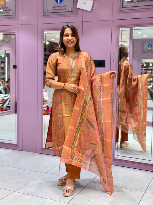 SHAGUN FASHION – Peach & Gold Leaf Printed Chanderi Silk Suit Set with Fancy Neckwork & Matching Dupatta