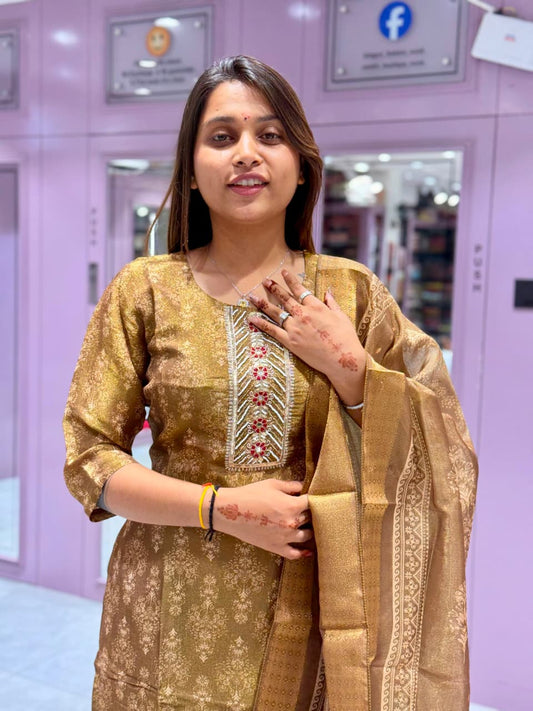 SHAGUN FASHION Premium Olive Gold All-Over Print Kurti Set with Heavy Handcrafted Yoke & Organza Tissue Dupatta