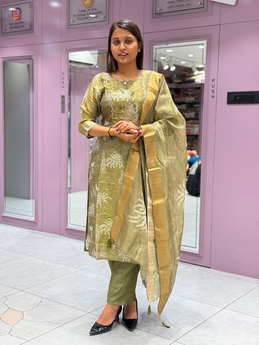 SHAGUN FASHION Olive Green Handwork Kurti Set with Designer Organza Dupatta