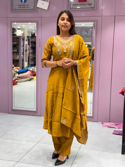 SHAGUN FASHION Mustard Yellow Anarkali Kurti Set with Dupatta & Pants | Heavy Neckline Embroidery