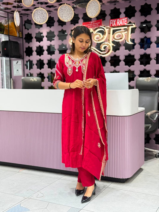 SHAGUN FASHION Exclusive Royal Red Handwork Kurti Pant Dupatta Set