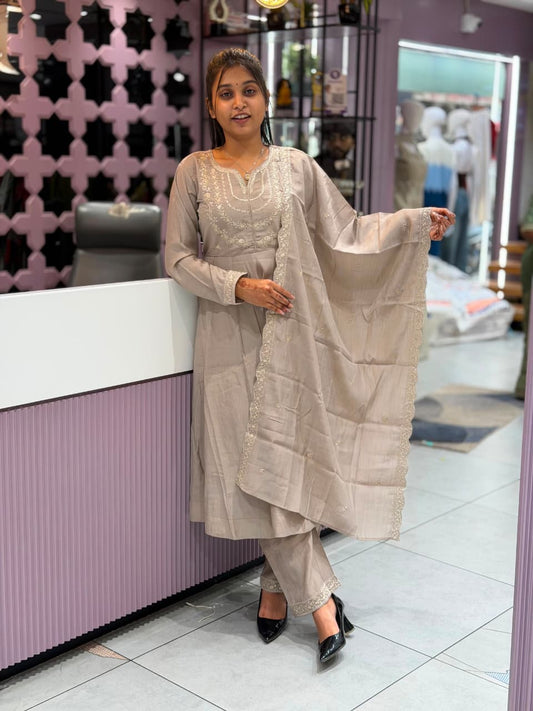 SHAGUN FASHION Elegant Silk Blend Embroidery Anarkali Kurti with Pants & Dupatta Set