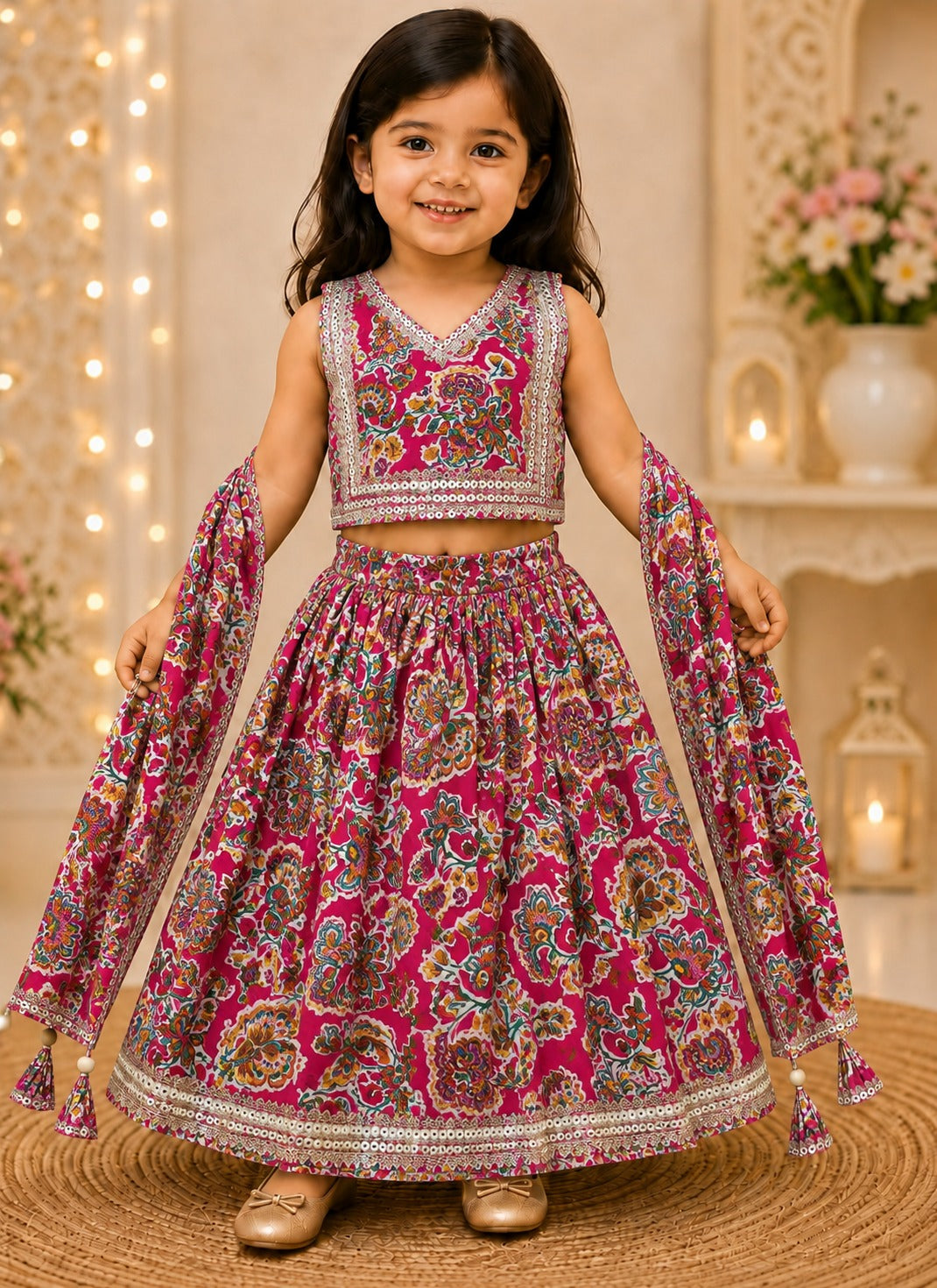 SHAGUN FASHION Kids Floral Print Pure Cotton Lehenga Choli Set with Dupatta