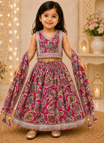 SHAGUN FASHION Kids Floral Print Pure Cotton Lehenga Choli Set with Dupatta