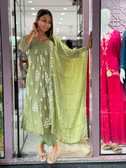 SHAGUN FASHION Designer Embroidered Anarkali Kurti Set with Matching Pant & Dupatta