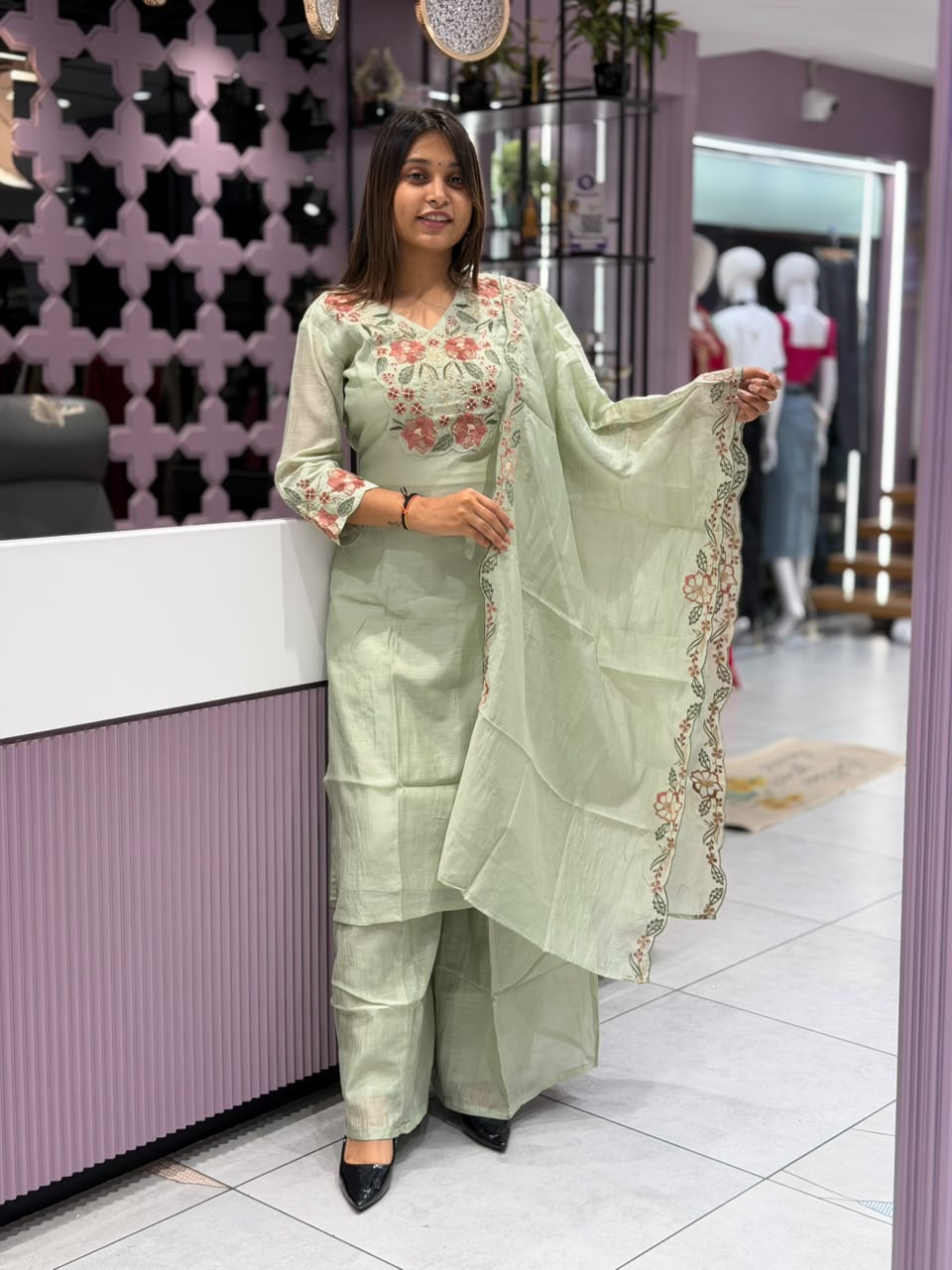 Beautiful Mint Green Floral Embroidered Kurti & Palazzo Set