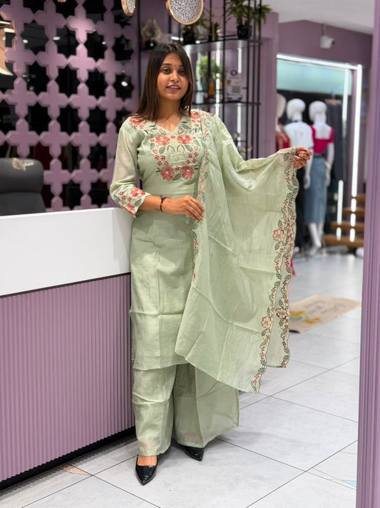 Beautiful Mint Green Floral Embroidered Kurti & Palazzo Set