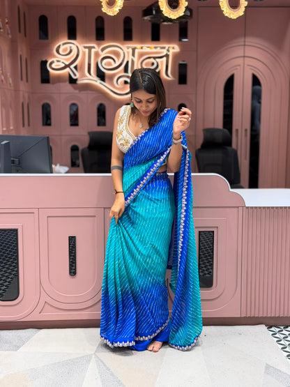 SHAGUN FASHION Dual-Shade Leheriya Georgette Saree with Embroidered Floral Cutwork Border