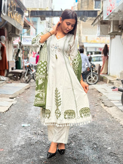 SHAGUN FASHION Premium Off-White Anarkali Kurti Pant Set with Designer Block Print Dupatta | Available on zankhi.in