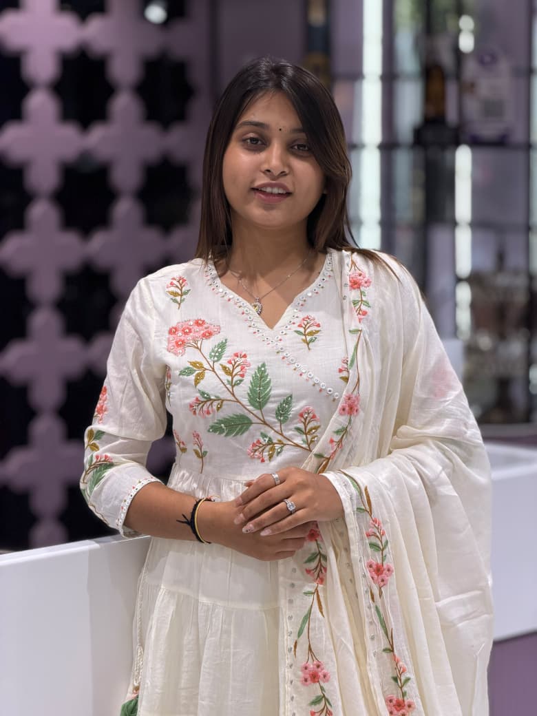 Title: SHAGUN FASHION Elegant Off-White Floral Anarkali Kurti Set with Dupatta
