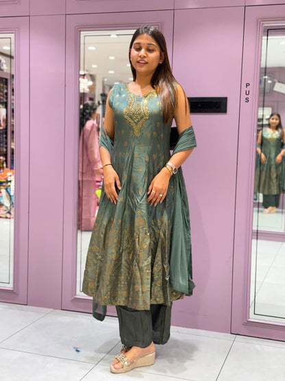 SHAGUN FASHION Premium Designer Olive Green Anarkali Suit Set with Heavy Handwork & Matching Dupatta