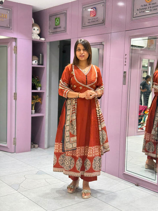 SHAGUN FASHION Premium Cotton Angrakha Style Anarkali Suit Set with Printed Dupatta & Pant