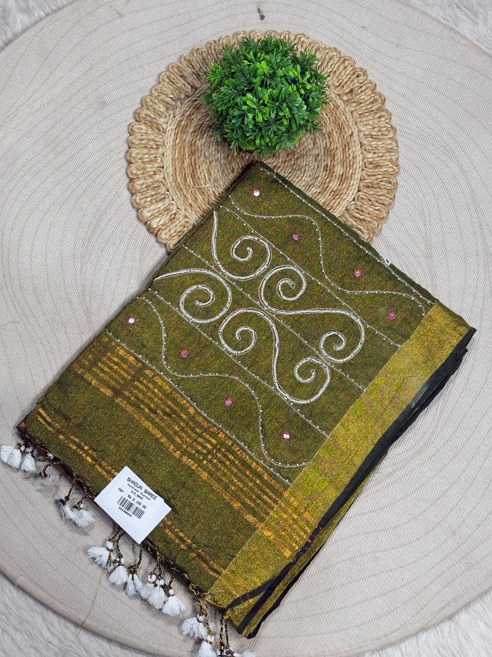 SHAGUN FASHION Handloom Sharbat Silk Saree with Mirror & Aari Work
