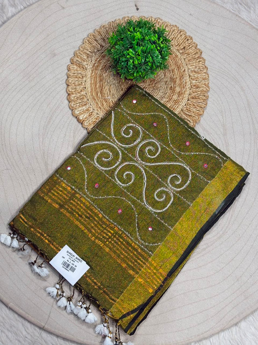 SHAGUN FASHION Handloom Sharbat Silk Saree with Mirror & Aari Work