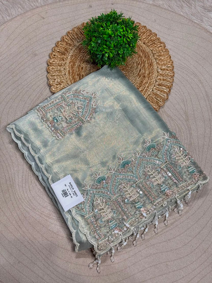 SHAGUN FASHION Premium Shimmer Organza Designer Saree with Heavy Cutwork & Bead Border