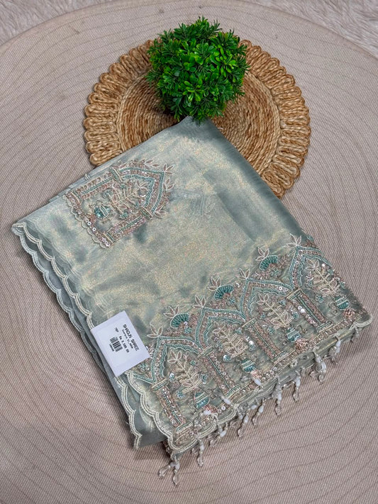 SHAGUN FASHION Premium Shimmer Organza Designer Saree with Heavy Cutwork & Bead Border