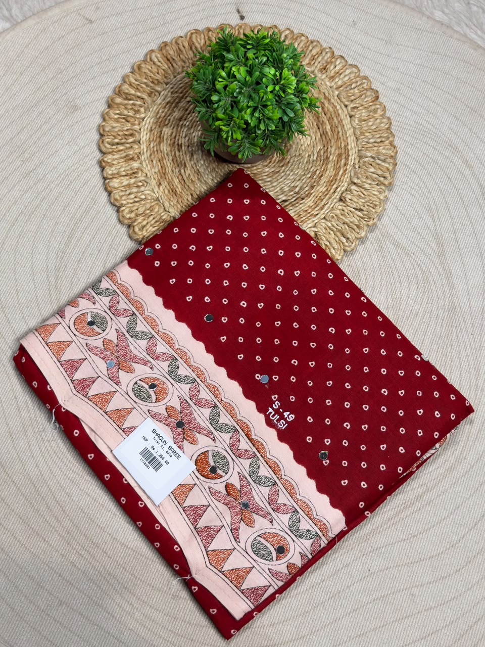 SHAGUN FASHION Pure Cotton Bandhani Printed Saree with Traditional Handwork Border & Mirror Work