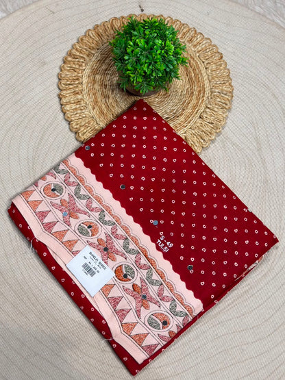 SHAGUN FASHION Pure Cotton Bandhani Printed Saree with Traditional Handwork Border & Mirror Work