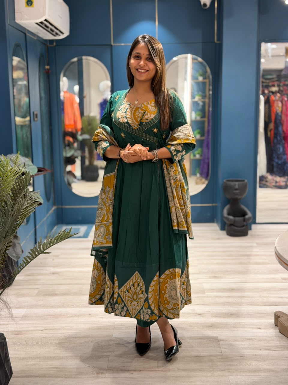 SHAGUN FASHION Premium Angrakha Style Printed Anarkali Suit Set with Handwork Yoke & Dupatta