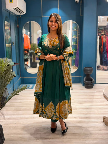 SHAGUN FASHION Premium Angrakha Style Printed Anarkali Suit Set with Handwork Yoke & Dupatta