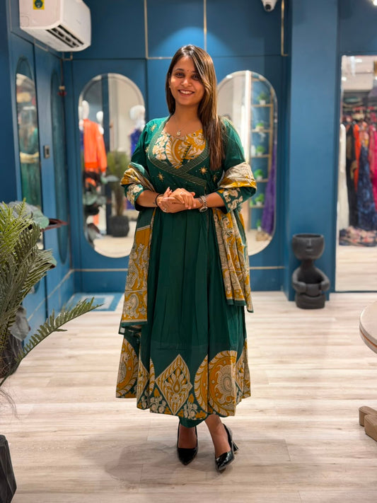 SHAGUN FASHION Premium Angrakha Style Printed Anarkali Suit Set with Handwork Yoke & Dupatta