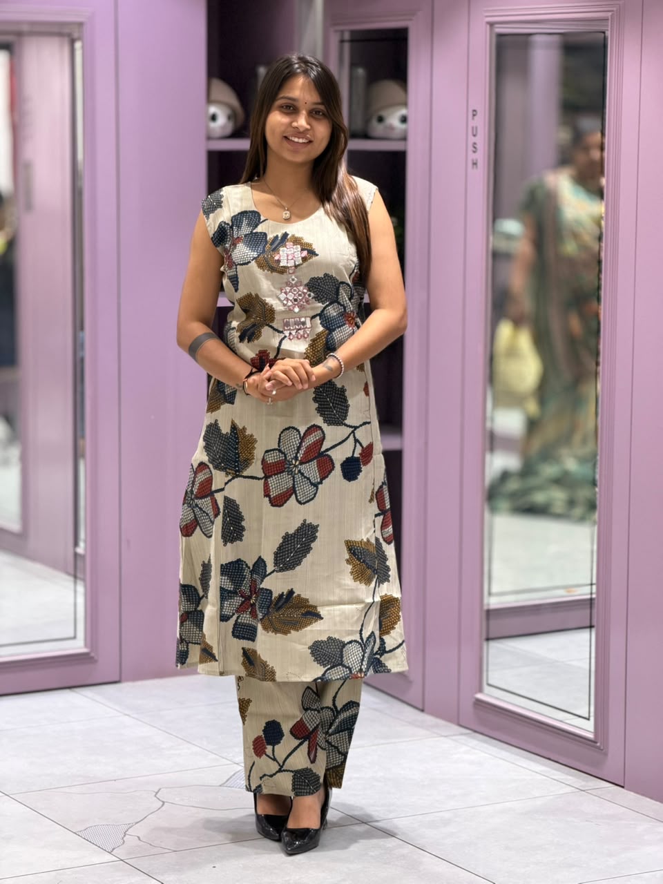SHAGUN FASHION – Beige Floral Printed Kurti & Pant Set with Mirror Work