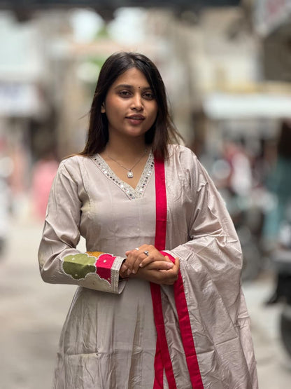 Beige Anarkali Kurta Set with Designer Contrast Pink Dupatta by SHAGUN FASHION