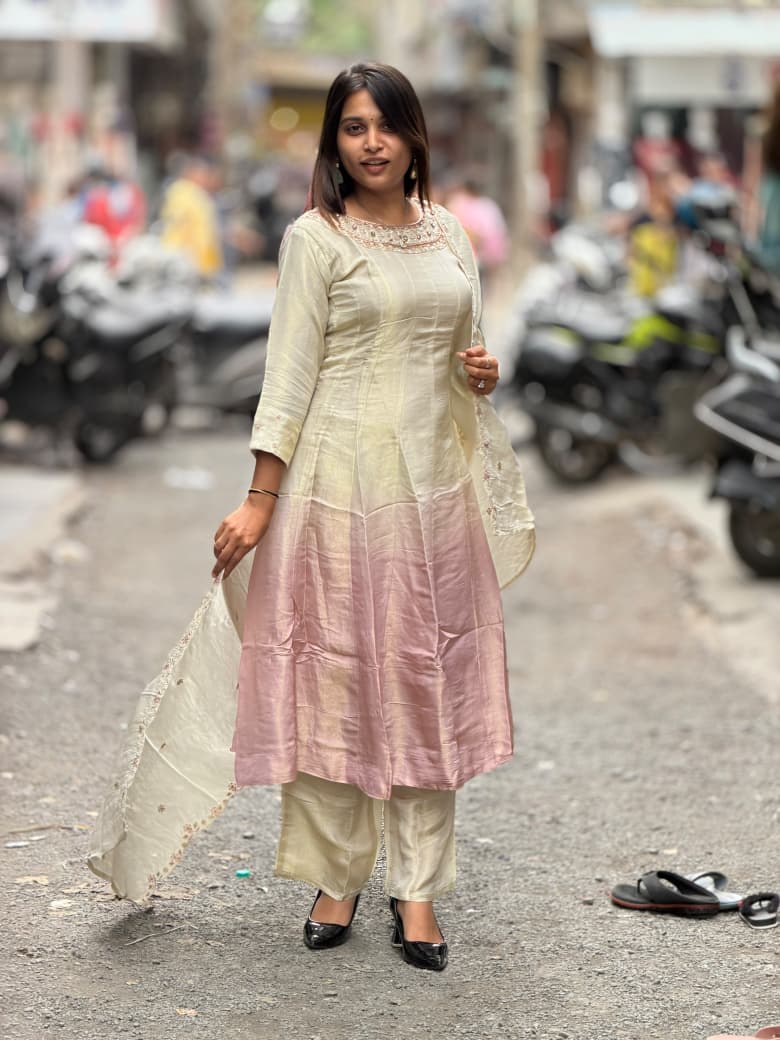 SHAGUN FASHION Dual-Tone Ombre Silk Kurti Set with Heavily Embroidered Neckline & Matching Dupatta