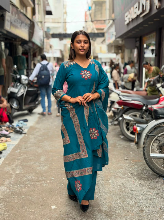 SHAGUN FASHION – Traditional Teal Blue Printed Kurti Set with Dupatta