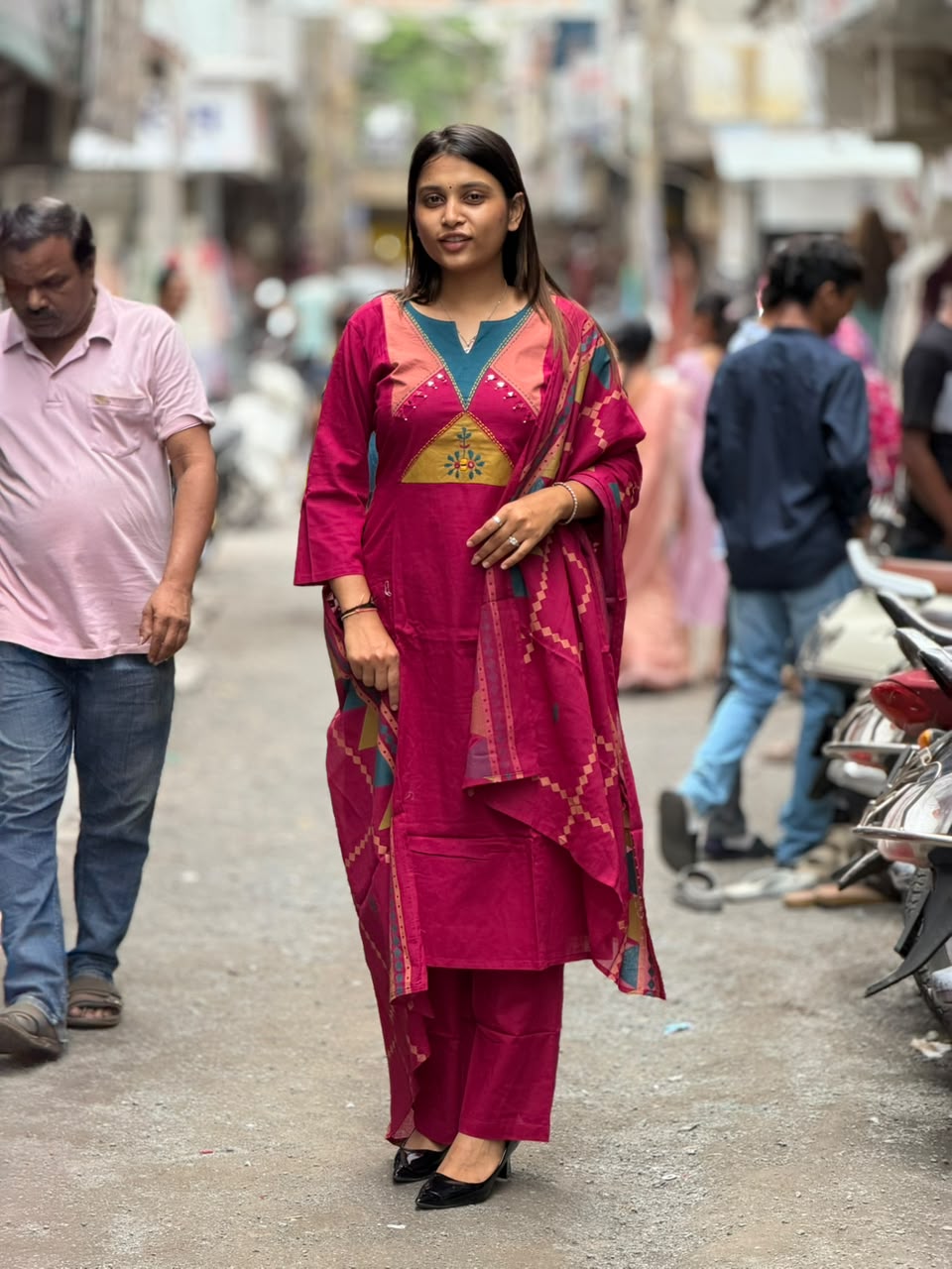 SHAGUN FASHION Women Rani Pink Cotton Embroidered Straight Kurta with Matching Pant & Geometric Print Dupatta Set