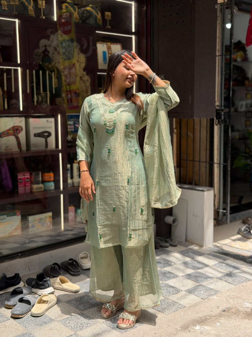 Sage Green Designer Suit Set by SHAGUN FASHION