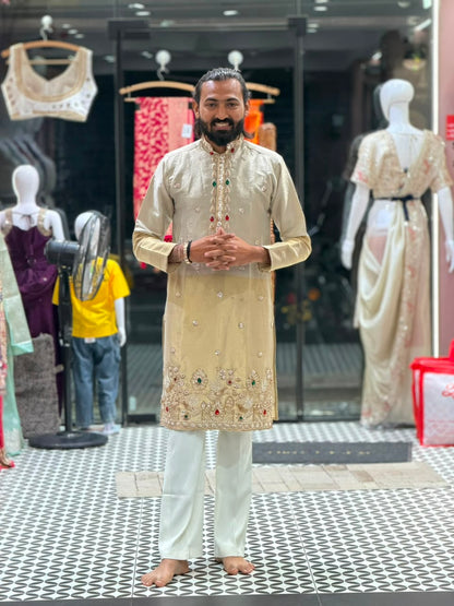Men's Designer Dual-Tone Beige Hand-Embroidered Silk Kurta Set