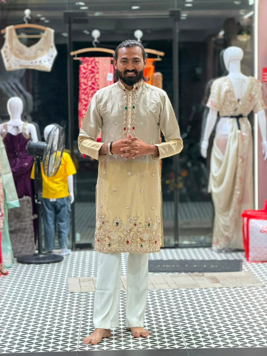 Men's Designer Dual-Tone Beige Hand-Embroidered Silk Kurta Set
