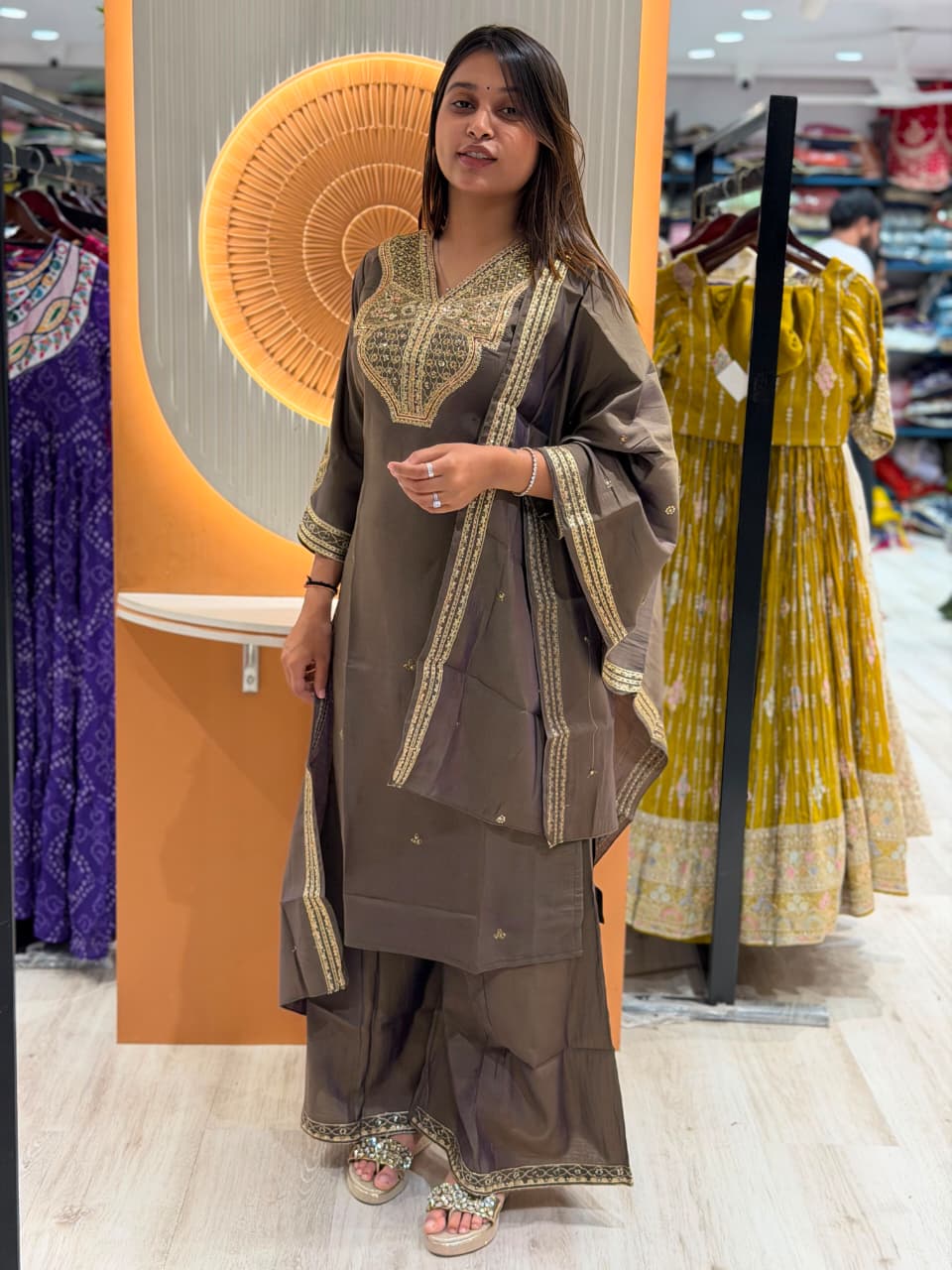 SHAGUN FASHION Premium Designer Handwork Chanderi Silk Kurti, Flared Palazzo & Matching Dupatta Set
